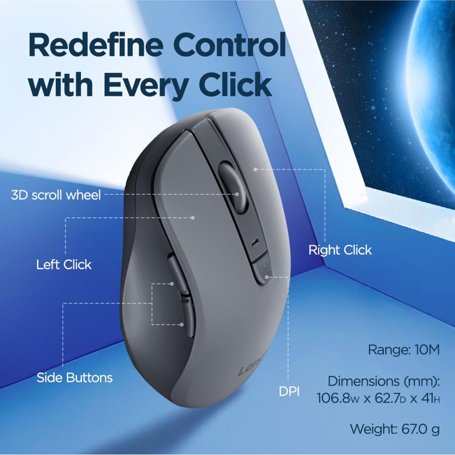 Lenovo WL310 Bluetooth Silent Mouse, Bluetooth 5.0, Upto 3million Button clicks, 1600 DPI, 6 Buttons (Left Click, Right Click, Scroll Click, DPI, 2 x Side Buttons), DPI LED Indicator, Grey - Image 5